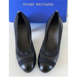 Stuart Weitzman | Black Elastic trim Block Heels Round Toe Leather Pump